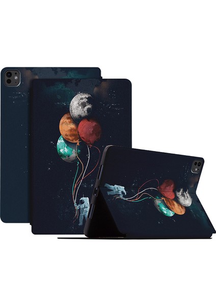 iPad Pro 11 (2024) Deri Standlı Akıllı Astronot Desenli Balon Ay Tablet Kılıfı (Yurt Dışından)