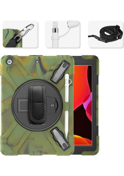 iPad 10.2 (2019 2020 2021) X Shape Pc Tpu Hibrit iki Tip Destek Çubuğu el Askısı ve Omuz Askısı kalem Yuvası Ordu i Tablet Kılıfı (Yurt Dışından)