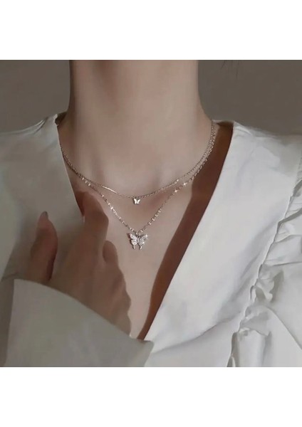 Çift Katlı Kelebek Kolye Taşlı Gümüş Renk