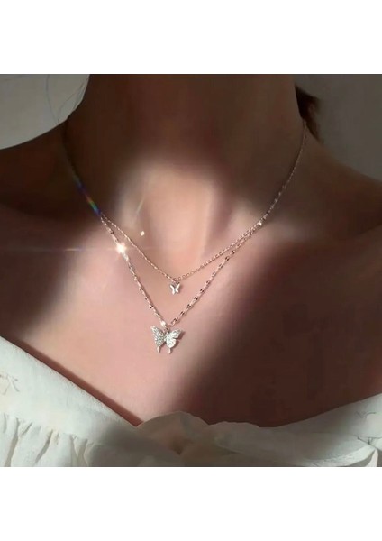 Çift Katlı Kelebek Kolye Taşlı Gümüş Renk