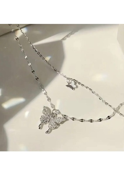 Çift Katlı Kelebek Kolye Taşlı Gümüş Renk