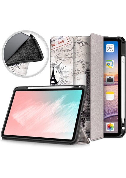 Desen Baskı Pu Deri Üç Katlı Kalem Yuvası Apple iPad Air (2020 2022) Eyfel Kulesi Tablet Kılıfı (Yurt Dışından)