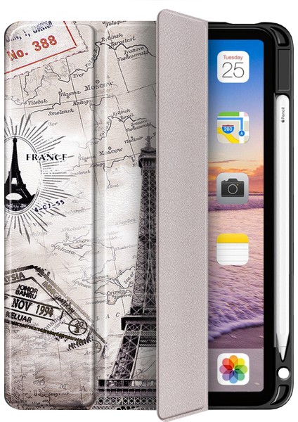 Desen Baskı Pu Deri Üç Katlı Kalem Yuvası Apple iPad Air (2020 2022) Eyfel Kulesi Tablet Kılıfı (Yurt Dışından)