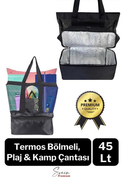 Sıcak Soğuk Tutucu Buzluklu Termos Bölmeli Fileli Omuz Askılı Fermuarlı Şık Plaj Kamp Piknik Çantası