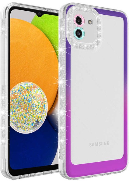 - Samsung Galaxy A03 - Kılıf Simli ve Renk Geçiş Tasarımlı Lens Korumalı Park Kapak - Mor-Pembe