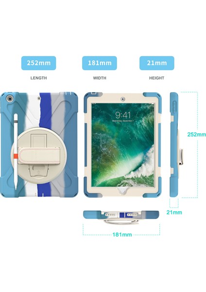 Tekme Standı El Bandı Tamı Kalemli 360 Derece Dönebilen iPad 9 7 Inç (2017 2018) RENKLI Tablet Kılıfı (Yurt Dışından)