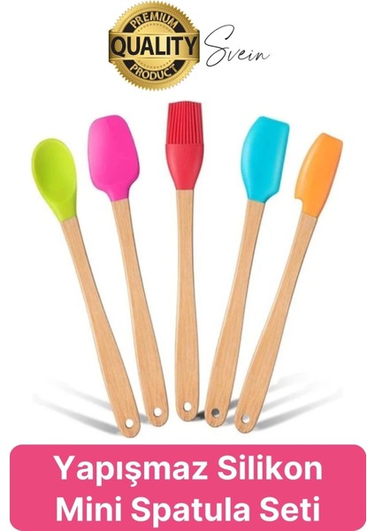 Mini Spatula Kaşık Fırça Setleri Yapışmaz Silikon Tencere Ahşap Saplı Renkli Pişirme Mutfak Araçları