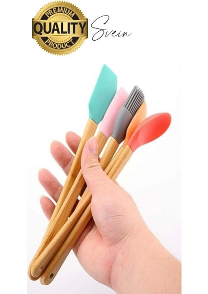 Mini Spatula Kaşık Fırça Setleri Yapışmaz Silikon Tencere Ahşap Saplı Renkli Pişirme Mutfak Araçları