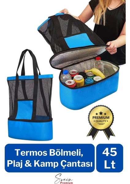 Sıcak Soğuk Tutucu Buzluklu Termos Bölmeli Fileli Omuz Askılı Fermuarlı Şık Plaj Kamp Piknik Çantası