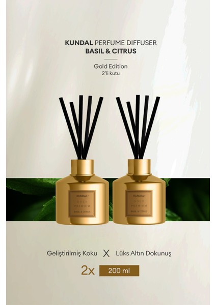 Parfüm Difüzörü Seçkin Gold Seri  Diffuser Gold Edition 200 ml 2 adet Basil & Citrus