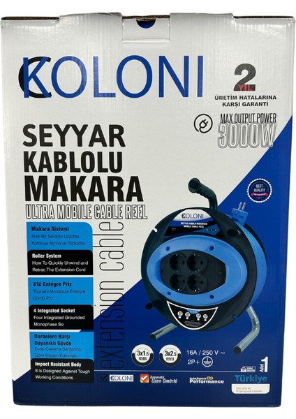 Makaralı Seyyar Uzatma Kablosu 3x1.5mm² 50 Metre