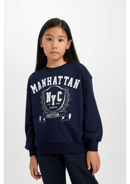 Kız Çocuk Relax Fit Bisiklet Yaka Baskılı Sweatshirt D6493A8NS