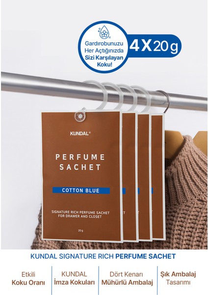 Dolap Içi Parfümlü Koku Kesesi Kundal Signature Rich Perfume Sachet Cotton Blue 4 x 20 gr