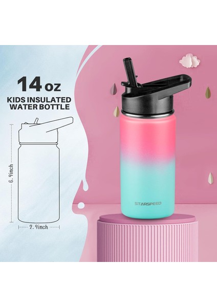 ， Çocuk Hasır Kapaklı Su Şişesi 14 Oz Paslanmaz Çelik Su Şişesi Çift Duvar Vakum Yalıtımlı Bardak Öğrenciler Erkekler Kızlar Için Sızdırmaz Bpa Ücretsiz (Yurt Dışından)