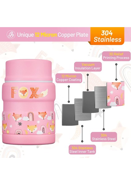 ， 17 Oz Çocuk Güveç - Katlanır Kaşıklı Çorba Kavanozu - Sıcak ve Soğuk Yemek Kavanozu - Pink Fox (Yurt Dışından)