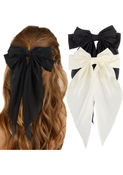 Silky Satin Bow Hair Accessories 2 Pieces Women's Large Bow Hairband Extra Large Long Tail White Hair Bow Black Hair Bow Large Hair Clip (Yurt Dışından) fiyatları