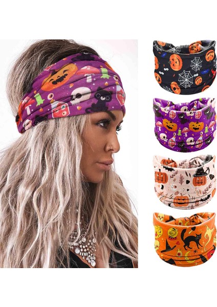 Women's Wide Knotted Headband Turban Elastic Pumpkin Hairband Exercise Turban Yoga Turban Ghost Cosplay Halloween Hair Accessories 4 Pieces Set (Yurt Dışından)