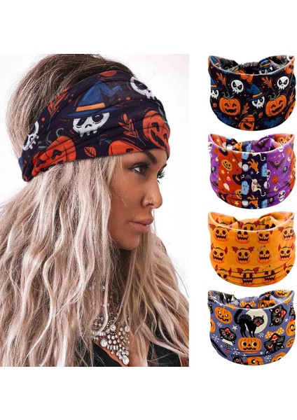 Women's Wide Knotted Headband Turban Elastic Pumpkin Hairband Exercise Turban Yoga Turban Ghost Cosplay Halloween Hair Accessories 4 Pieces Set (Yurt Dışından)