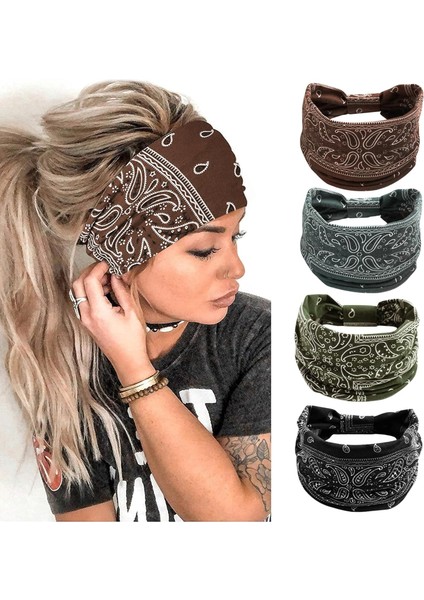 Women's Wide Headband Black Fashion Turban Bohemian Thick Hairband Large Sports Yoga Turban Hairband Hair Accessories (4 Pack) (Yurt Dışından)