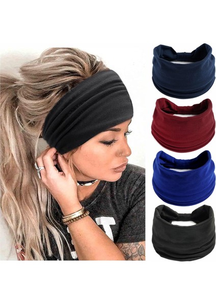 Women's Headband Fashion Elastic Wide Hairband Knotted Turban Headband Yoga Running Sweatproof Band Elastic Headband Fashion Wrap Headband Girls Hair Accessories 4 Pack (Yurt Dışından)