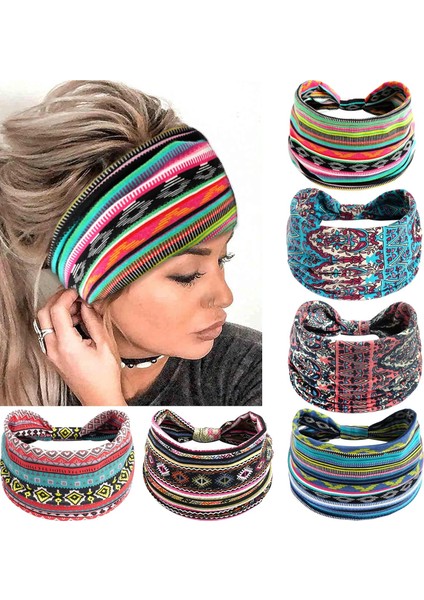 Pack Wide Headbands Women's Bohemian Twist Headbands Elastic Non-Slip Thick Hairbands Sports Yoga Turban Hair Accessories (Yurt Dışından)
