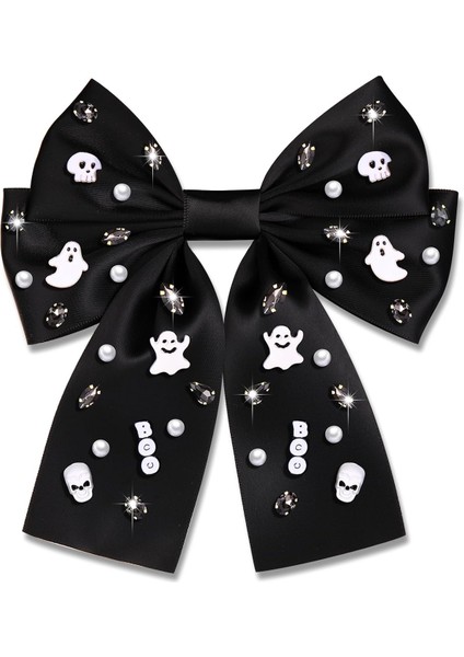 Halloween Hair Bow Women Beaded Ghost Hairpin Long Tail Satin Bow Hairpin Halloween Hair Accessories Women (Yurt Dışından)