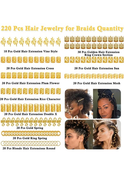 220 Pieces Gold Hair Accessories For Braids Loc Women Hair Accessories Metal Gold Braid Ring Cuff Clips For Long Hair Lock Accessories Braid Decoration (Yurt Dışından) fırsatları