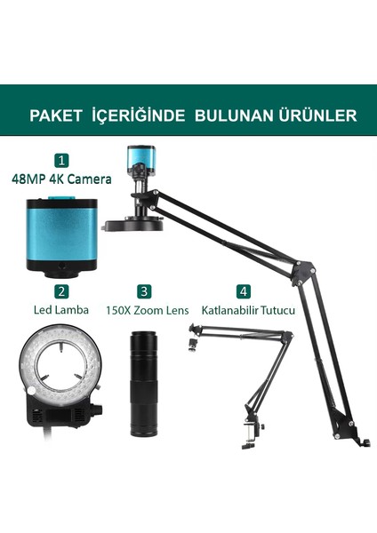 Triline 48MP 4K 60F/S Endüstriyel Mikroskop Katlanabilir Tutucu 150X Zoom Lensli 56 LED Halka Işık