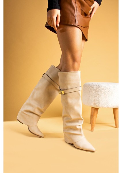 Launya Kadın Çizme Körüklü Kemer Tokalı Mat Bej Deri