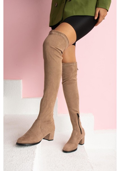 Karissa Kadın Çizme Fermuarlı Kalın Topuklu Streçli Vizon Süet