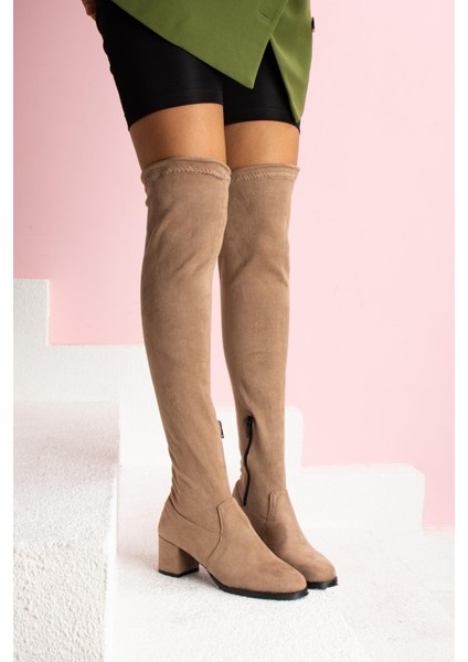 Karissa Kadın Çizme Fermuarlı Kalın Topuklu Streçli Vizon Süet fiyatları