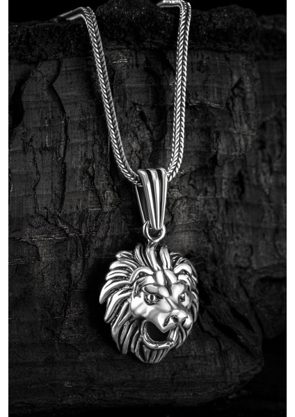 Erkek Gümüş Kolye - Tilki Kuyruğu Zincirli Aslan Kafası Model 2 Figürlü Erkek Kolye