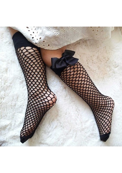 Siyah Fileli Diz Altı Fiyonklu Kız Çocuk Çorap modelleri