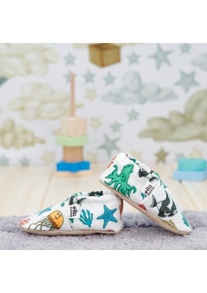 Desenli Bebek Patiği, Kaydırmaz Taban, Ev Kreş Ayakkabısı Panduf, Deniz Hayvanları