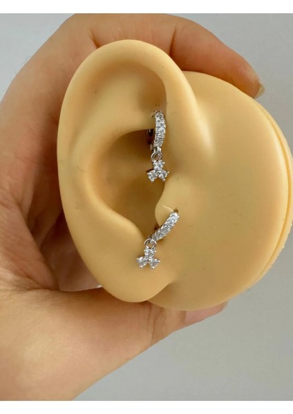 1 Adet 3taş Sallantılı Tragus Rook Uyumlu Minimal Halka Piercing Küpe