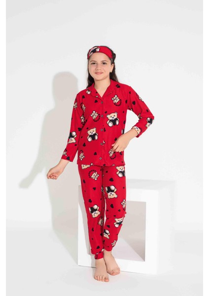 Yeni Sezon Sonbahar/Kış Kız Çocuk Ayıcık Desenli Süet Pijama Takımı 2724-2 Kırmızı fiyatları