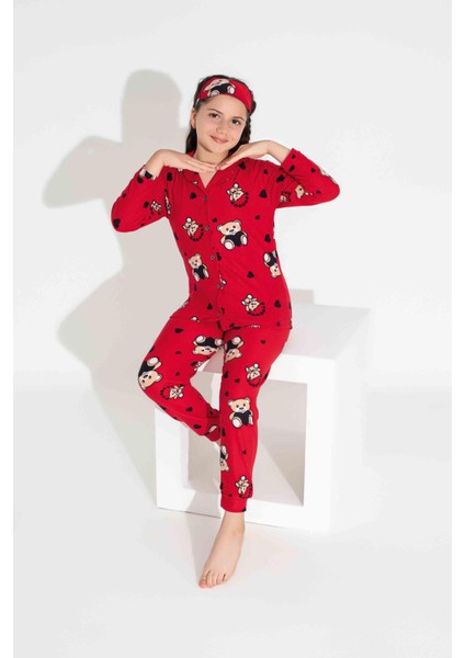 Yeni Sezon Sonbahar/Kış Kız Çocuk Ayıcık Desenli Süet Pijama Takımı 2724-2 Kırmızı modelleri