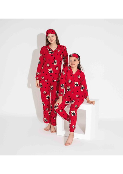 Yeni Sezon Sonbahar/Kış Kız Çocuk Ayıcık Desenli Süet Pijama Takımı 2724-2 Kırmızı