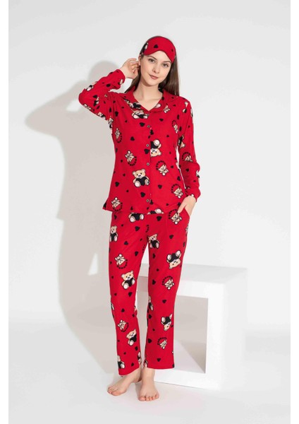 Yeni Sezon Sonbahar/Kış Kız Çocuk Ayıcık Desenli Süet Pijama Takımı 2724-2 Kırmızı fırsatları