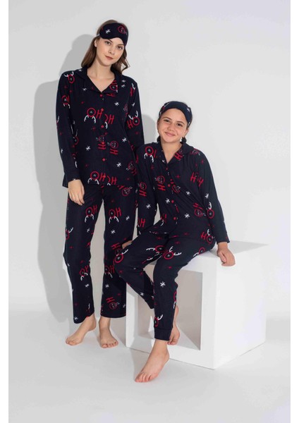 Yeni Sezon Sonbahar/Kış Kız Çocuk Geyik Desenli Süet Pijama Takımı 2724-11 Lacivert
