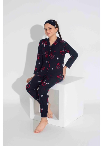 Yeni Sezon Sonbahar/Kış Kız Çocuk Geyik Desenli Süet Pijama Takımı 2724-11 Lacivert modelleri