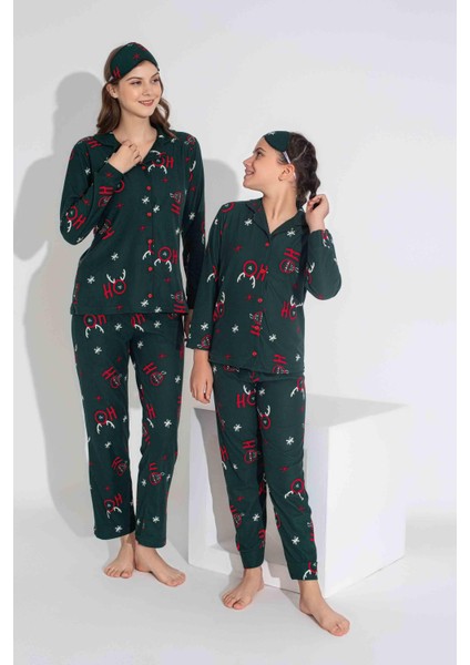 Yeni Sezon Sonbahar/Kış Kız Çocuk Geyik Desenli Süet Pijama Takımı 2724-11 Zümrüt Yeşili