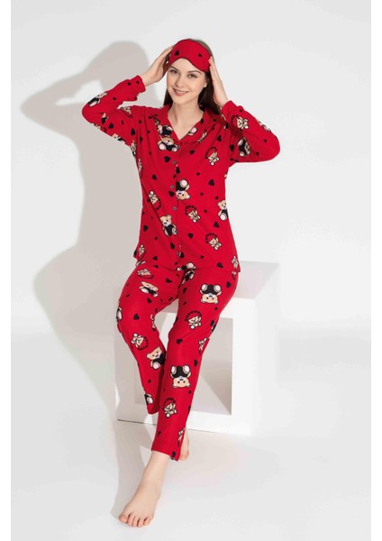 Yeni Sezon Sonbahar/Kış Kız Çocuk Ayıcık Desenli Süet Pijama Takımı 2724-2 Kırmızı indirimleri