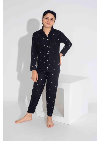 Yeni Sezon Sonbahar/Kış Kız Çocuk Yıldız Desenli Süet Pijama Takımı 2724-10 Siyah Yıldız