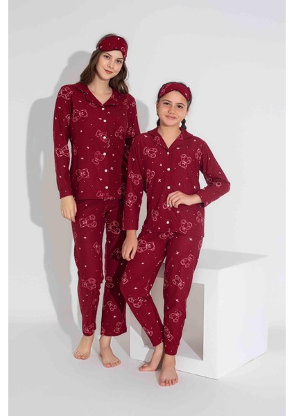 Yeni Sezon Sonbahar/Kış Kız Çocuk Ayıcık Desenli Süet Pijama Takımı 2724-9 Bordo