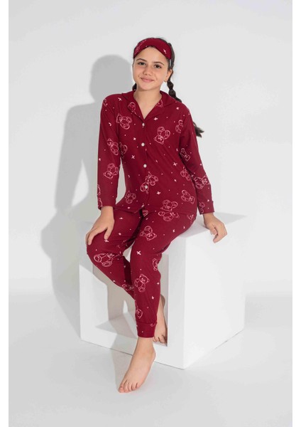 Yeni Sezon Sonbahar/Kış Kız Çocuk Ayıcık Desenli Süet Pijama Takımı 2724-9 Bordo modelleri