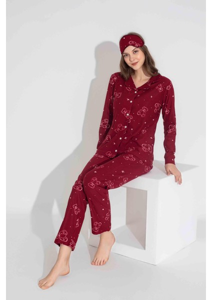 Yeni Sezon Sonbahar/Kış Kız Çocuk Ayıcık Desenli Süet Pijama Takımı 2724-9 Bordo indirimleri