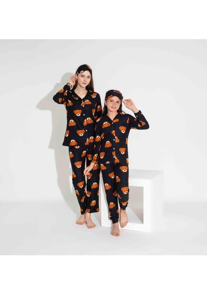 Yeni Sezon Sonbahar/Kış Kız Çocuk Ayıcık Desenli Süet Pijama Takımı 2724-1 Siyah Ayıcık
