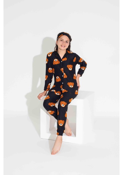 Yeni Sezon Sonbahar/Kış Kız Çocuk Ayıcık Desenli Süet Pijama Takımı 2724-1 Siyah Ayıcık modelleri