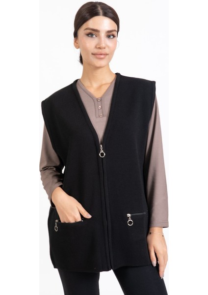 Kadın Orta Yaş ve Üzeri Triko Örgü Fermuarlı Cepli Rahat Kalıp Anne Yelek 314-SIYAH